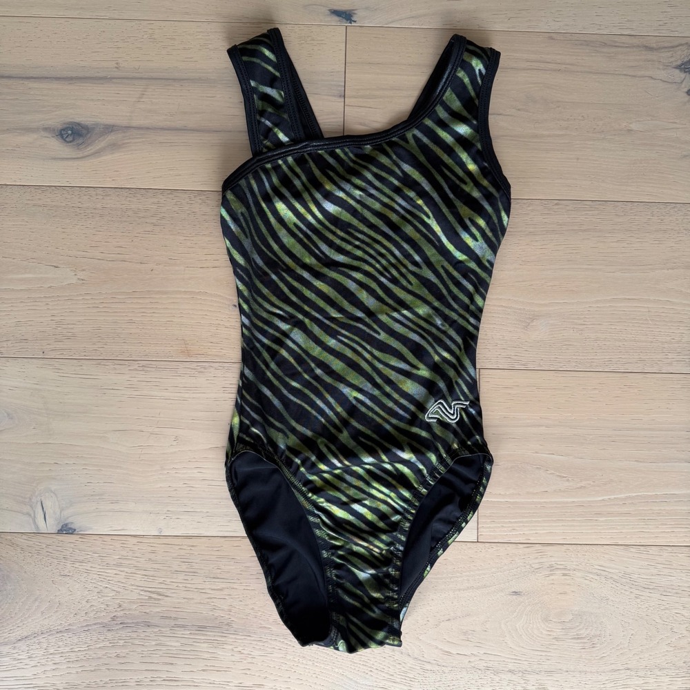 Alpha Factor Gymnastics Leotard Adult Small Green Black Metallic Zebra